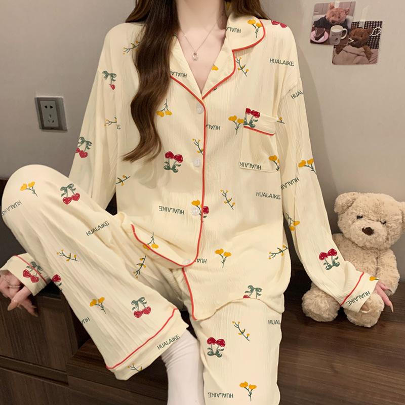 Japanese fashion casual pajamas women's spring and autumn new wrinkled cloth long-sleeved trousers sweet striped loungewear