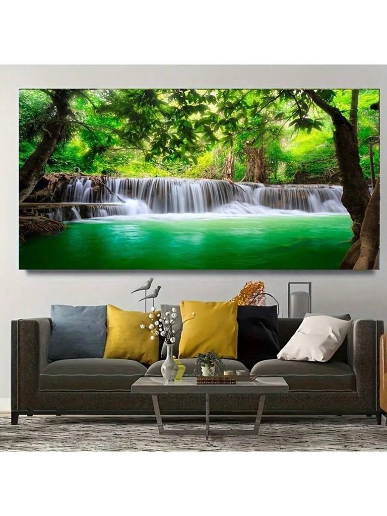 1 Бескаркасная водонепроницаемая холщовая подвесная картина, рисунок с изображением зеленого леса, водопада, природного пейзажа, подходит для гостиной, спальни, кровати, дивана, настенного декора