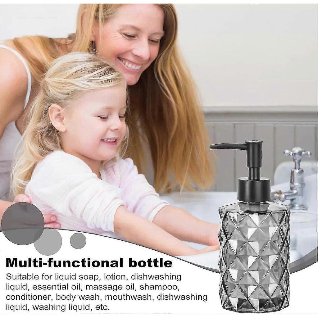 Black soap dispenser, glass soap dispenser for bathroom, refillable pump dispenser for kitchen with stainless steel funnel, 330 ml vintage soap d