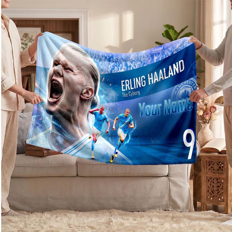 Erling Haaland Personalized Fleece Blanket With Football Logo, Custom Name Text Soft Warm Home Throw Blanket