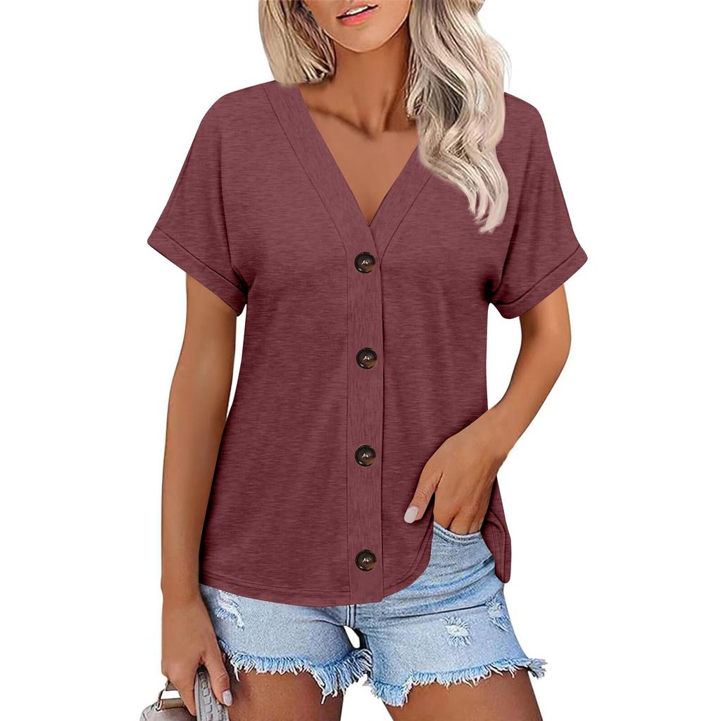 Women's Fashion Short-sleeved V-neck Solid Color Top Casual Button T-shirt