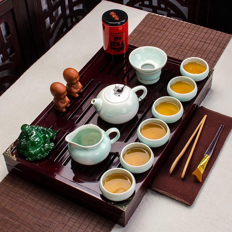 Китайский чайный сервиз, прозрачный термостойкий стеклянный чайный сервиз из массива дерева с подносом для чая кунг-фу.