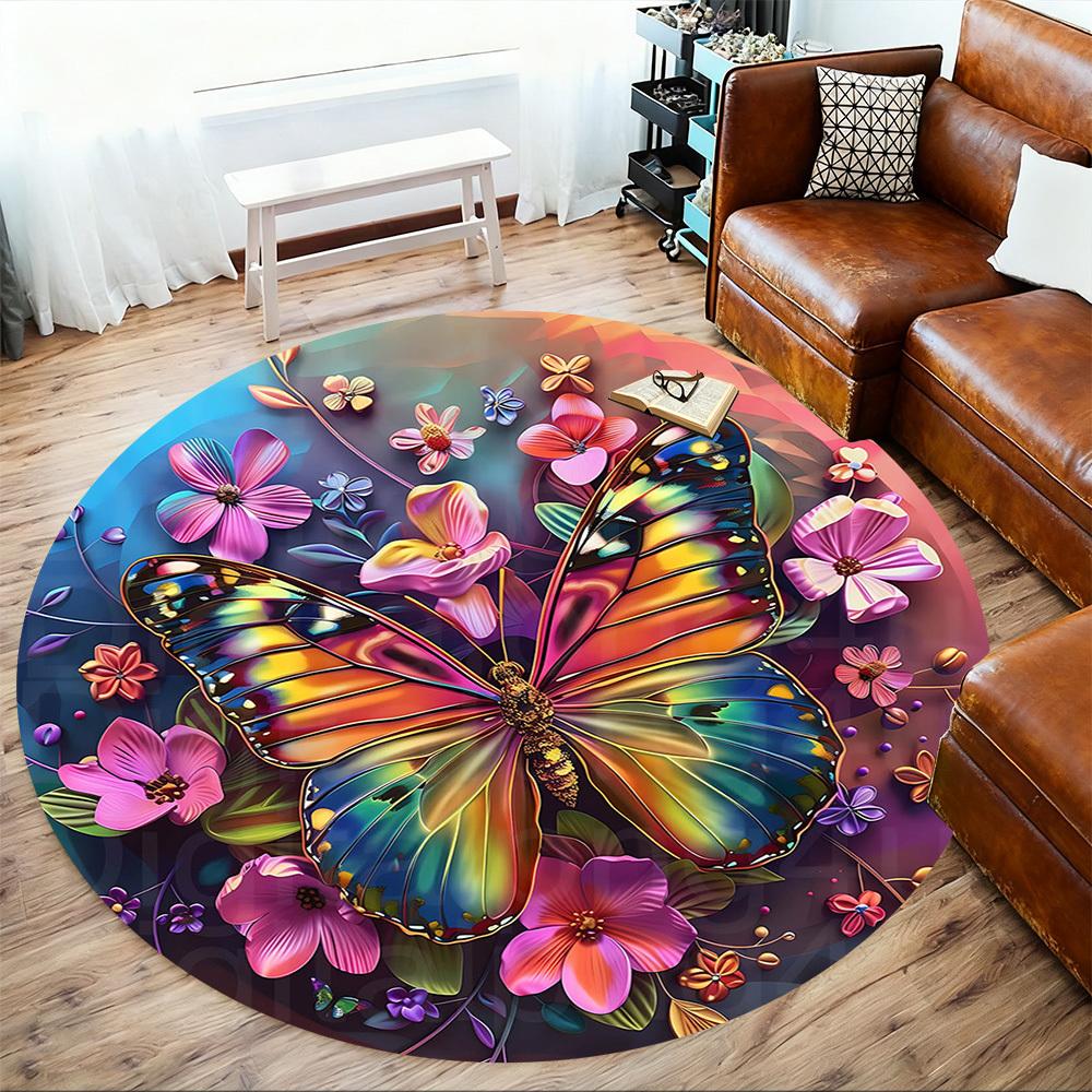 1pc Butterfly Flowers Round Chair mat Area Rug - Non-Slip, Floor Mat for Office, Bedroom, and Indoor Decor -1002273