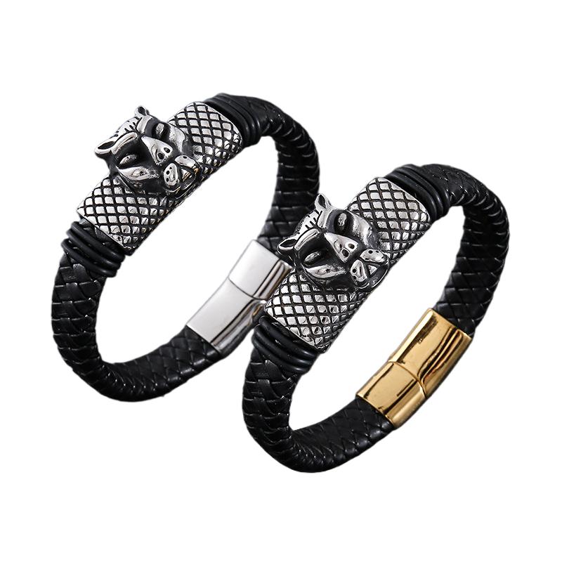 Punk Vintage Gothic Leopard Leather Braided Stainless Steel Fashion Jewelry Bracelet Bangle for Men Magnetic Clasp
