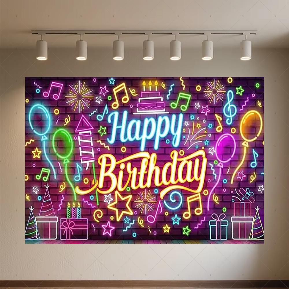 Glitter Happy Birthday Background Banner Glow Neon Dance Carnival Party Decorations Colourful Backdrop Supplies Photography Prop