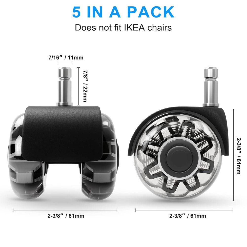 Колесики для офисного стула (Набор из 5),Колеса для стульев повышенной прочности, выдерживают нагрузку 2200 фунтов, бесшумные резиновые ролики для стульев, универсальные, 2 дюйма