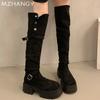 Женские замшевые высокие сапоги на толстом каблуке выше колена, женская обувь 2025 года, трендовая зимняя мода, ретро-сапоги для мотоциклистов, Mujer Botas
