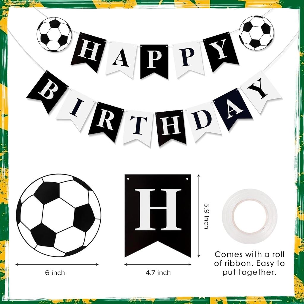 Soccer Happy Birthday Banner Black White, Personalized Letters Name Banner Sign, Birthday Garland Wall Door Banners Flag for Boys Girls Party