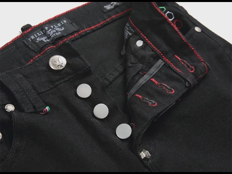 2024 г. Узкие черные вышитые джинсы-скинни для мужчин в стиле панк-стиля