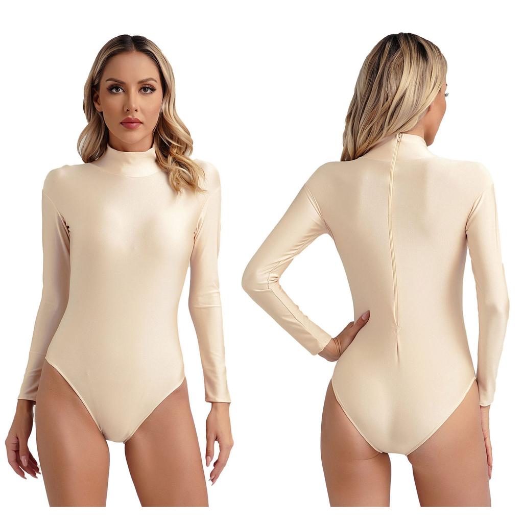 Женское боди с длинным рукавом и воротником-стойкой, однотонное эластичное трико на молнии сзади, гимнастический танцевальный комбинезон