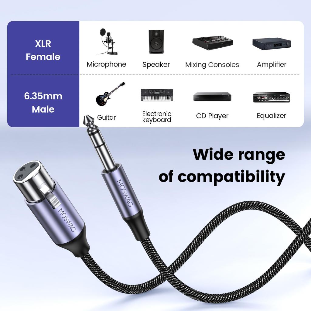 MOSWAG Male Cable Female Cable Совместим с CD Электронная гитара 6.35 мм TRS-XLR 6.6 футов, 6.35male-XLR Караоке, проигрыватель, пианино, динамик, усилитель,
