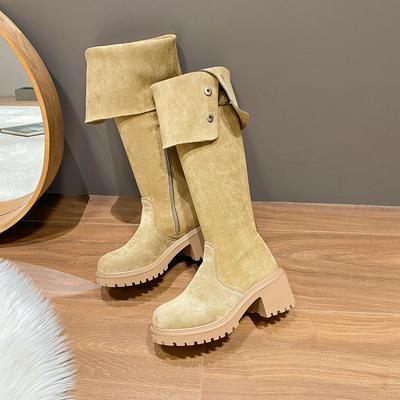 Модные осенние новые женские сапоги выше колена, модные замшевые сапоги с круглым носком и толстым каблуком для верховой езды для женщин, женские туфли на платформе