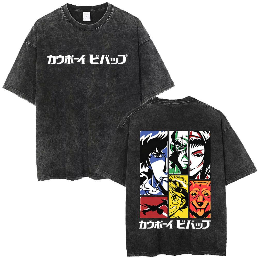 Anime Cowboy Bebop Vintage Washed T-shirt Spike Spiegel Faye Valentine Graphic T-shirts Manga Fashion Brand T Shirts Unisex