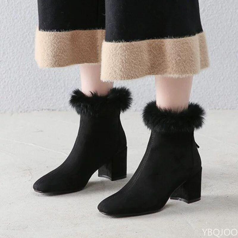 Маленький размер Зимний новый стиль Квадратный носок с плюшевым мехом Толстый каблук Короткие ботильоны Женские ботинки Плюшевые Модные Женские Дизайнерские ботинки