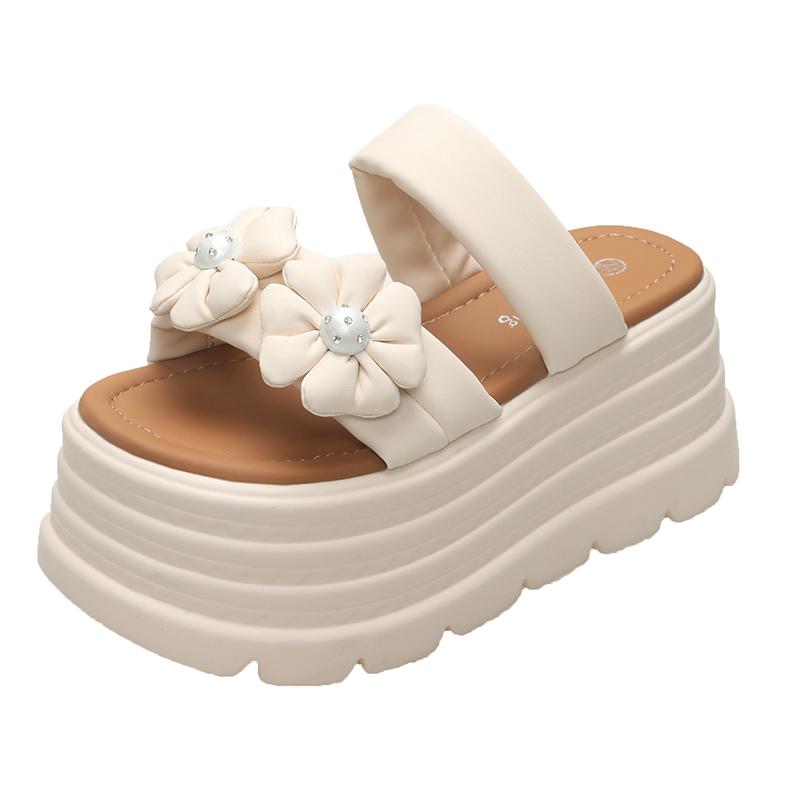 Fashion 8.5CM High Heels Slippers Women 2025 Summer New Thick-Soled Ladies High Platform Flower Beach Sandals Flip Flops Shoes