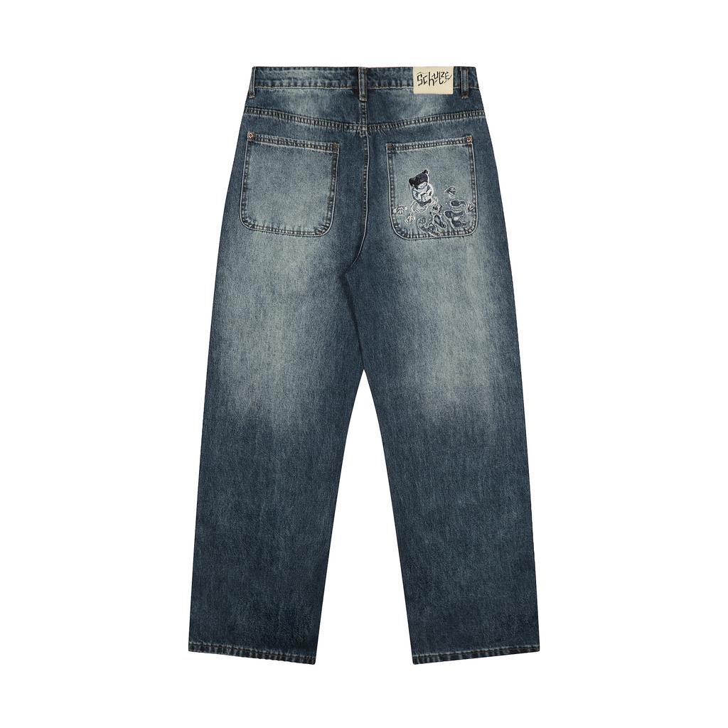 Fish Pond Bear Embroidered Jeans Loose Straight Fit Casual Pants Trousers