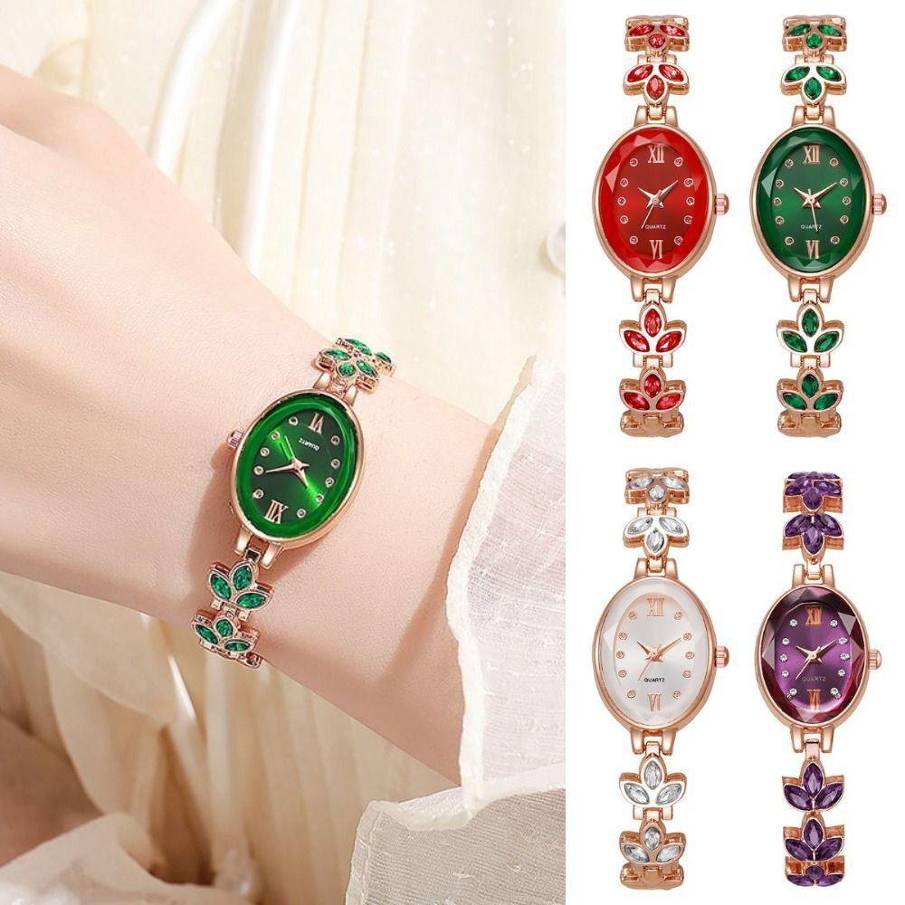 Rhinestone Quartz Ladies Watch Bracelet-Style Analog Watch 3-Leaf Clover Wristwatch Women