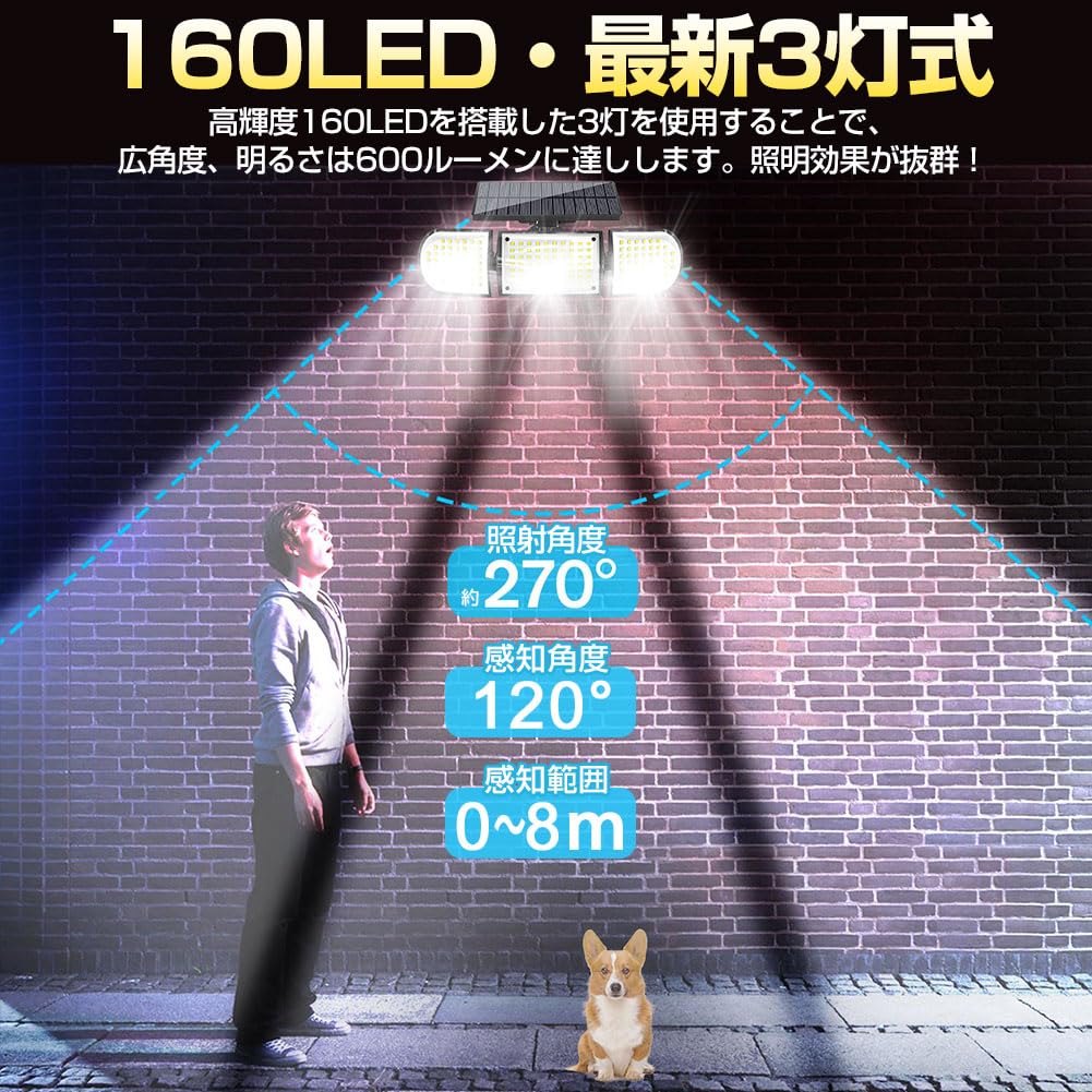 Светодиодный солнечный датчик движения 160 светодиодов, светодиодный настенный светильник на солнечной энергии для входа в гараж, уличный, водонепроницаемый, 3-сторонний свет,