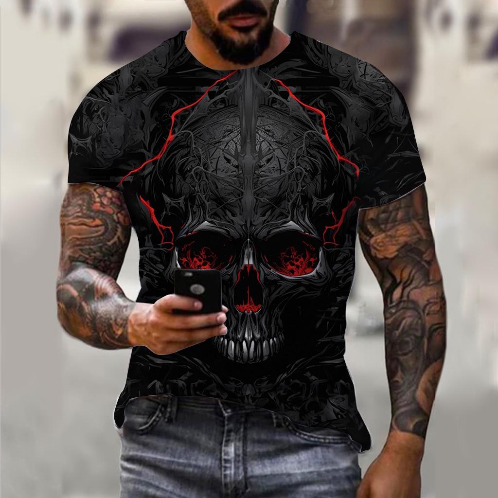 Summer Round Neck 3D Horror Skull Print Top Fashionable Casual Short Sleeved Men's T-shirts
