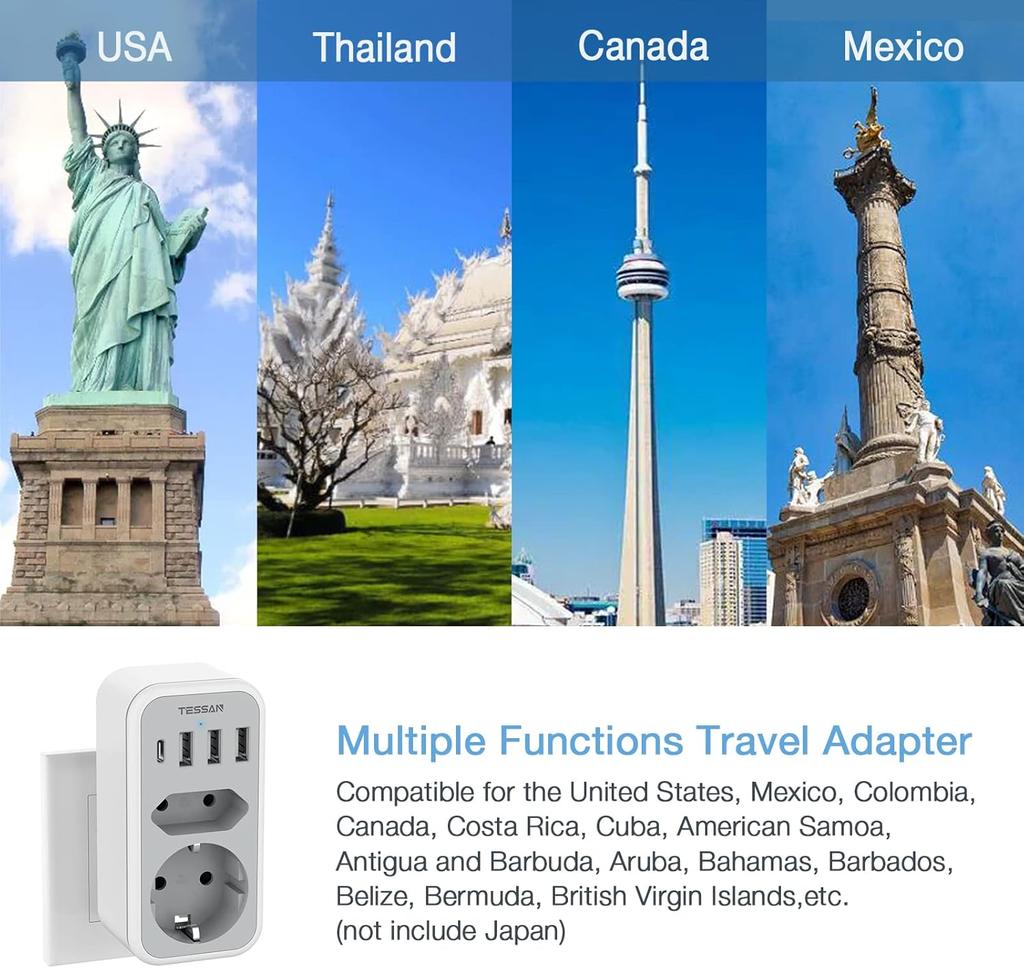 Tessan Socket Adapter USA Canada France with 3 USB and 1 USB C,Socket Adapter EU To USA, Socket Adapter EU To Canada Mexique Thailande,Type B