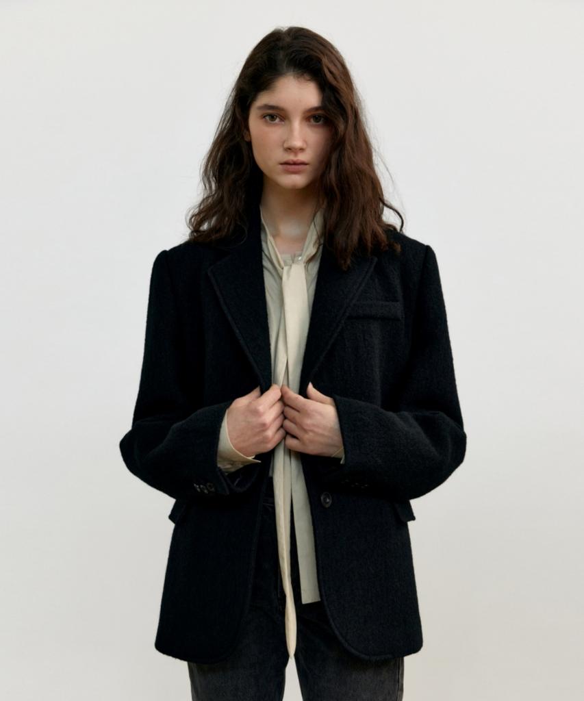 Unnout Herringbone Boucle Wool Jacket - Black