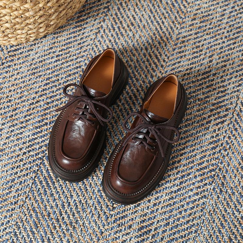 Платформенные маленькие кожаные туфли женские в британском стиле 2025 весна и лето новые одинарные туфли с круглым носком на толстом каблуке милые крутые девушки лоферы на шнуровке