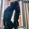 Women's Early Spring New Loose Colour Collision Striped Mesh Splicing Dark Chain Strap Woven Trousers