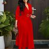 Lady Dress V Neck Lapel Three Quarter Slim Sleeves Pleated A-line Waist Plus Size Pure Color Mid-calf Length