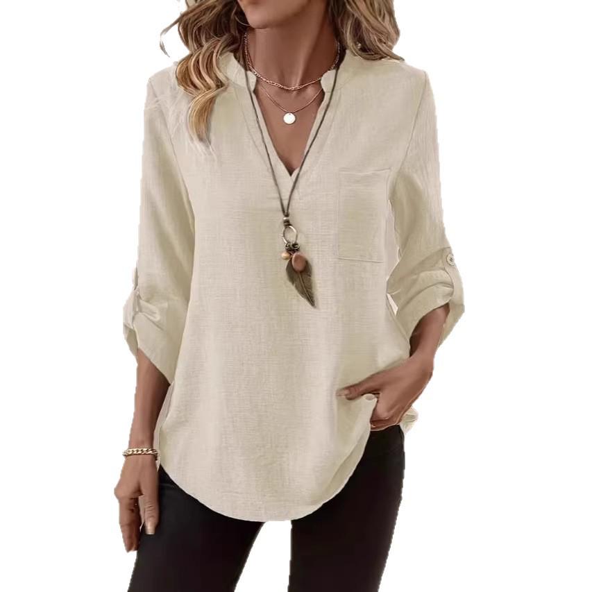 Женская рубашка больших размеров с V-образным вырезом, однотонная, свободного кроя, весна/лето 2026