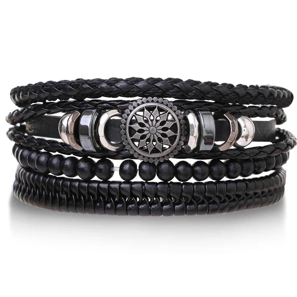 4 шт./комплект Плетеные кожаные браслеты для мужчин Винтажный браслет с подвеской Древо жизни Руль Деревянные бусины Этнический браслет на веревке