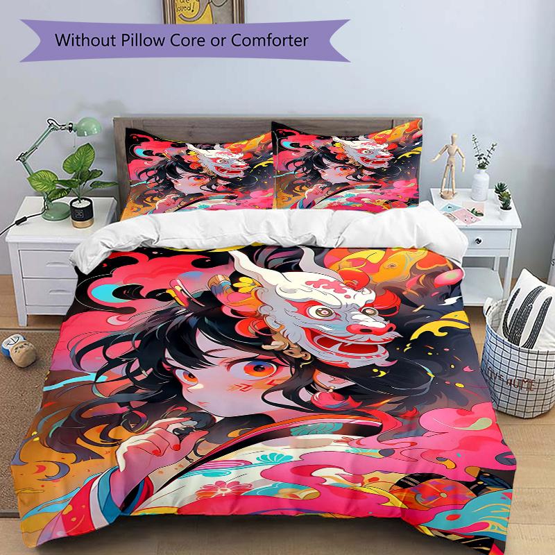 3pcs Whimsical Dragon Mask Quilt Set Cartoon Themed Bed Quilt Set Lovely Character Bedroom Decor Bed Quilt Set Four Seasons (1 Cover + 2Pillowcas