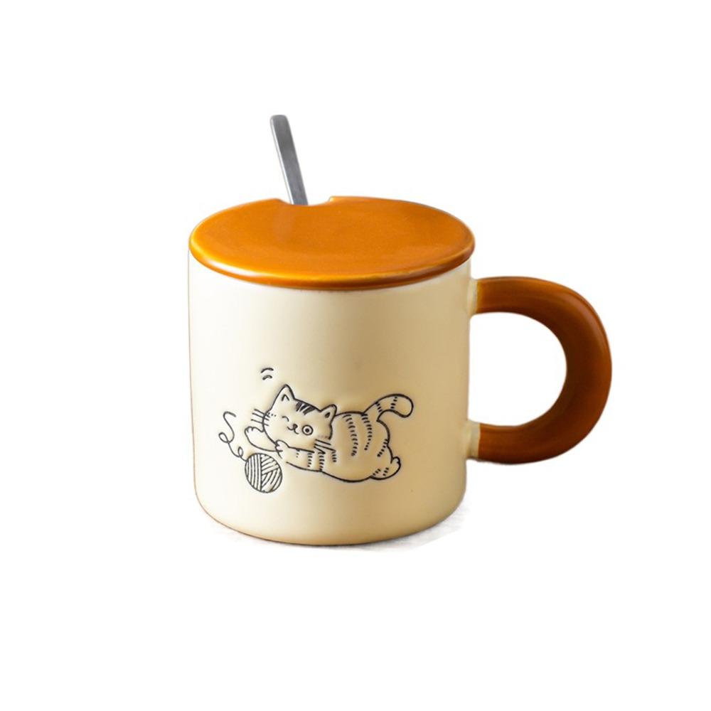 Cute Cat Pattern Ceramic Coffee Cup with Spoon Cartoon Cat Drinkware Cat Vintage Mug Office