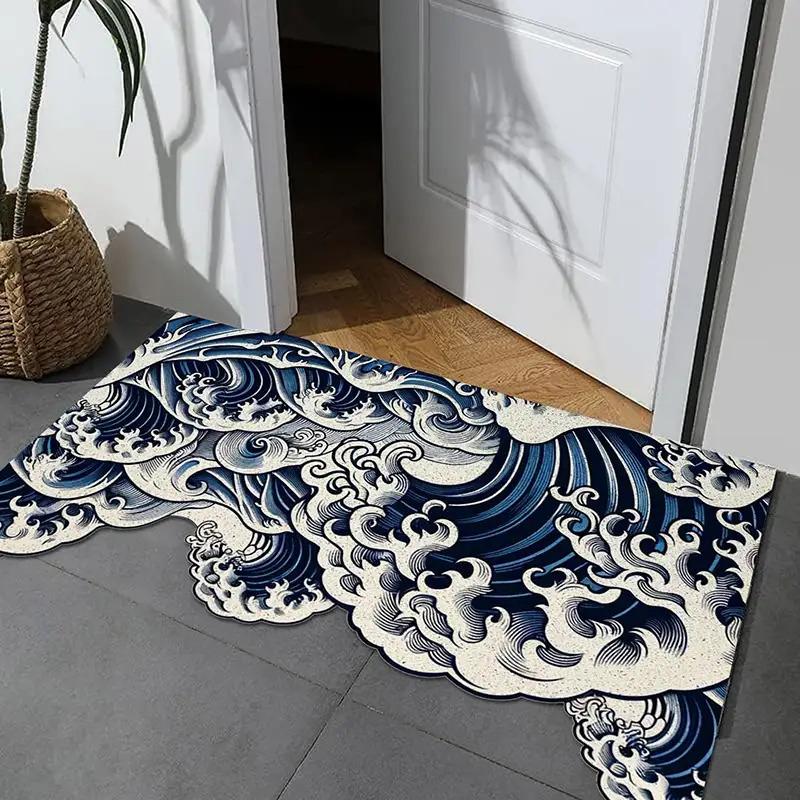 Japanese Great Wave Art Area Rug, Non-Slip Washable Floor Mat, Ukiyo-e Themed Print Carpet for Living Room Bedroom Entryw