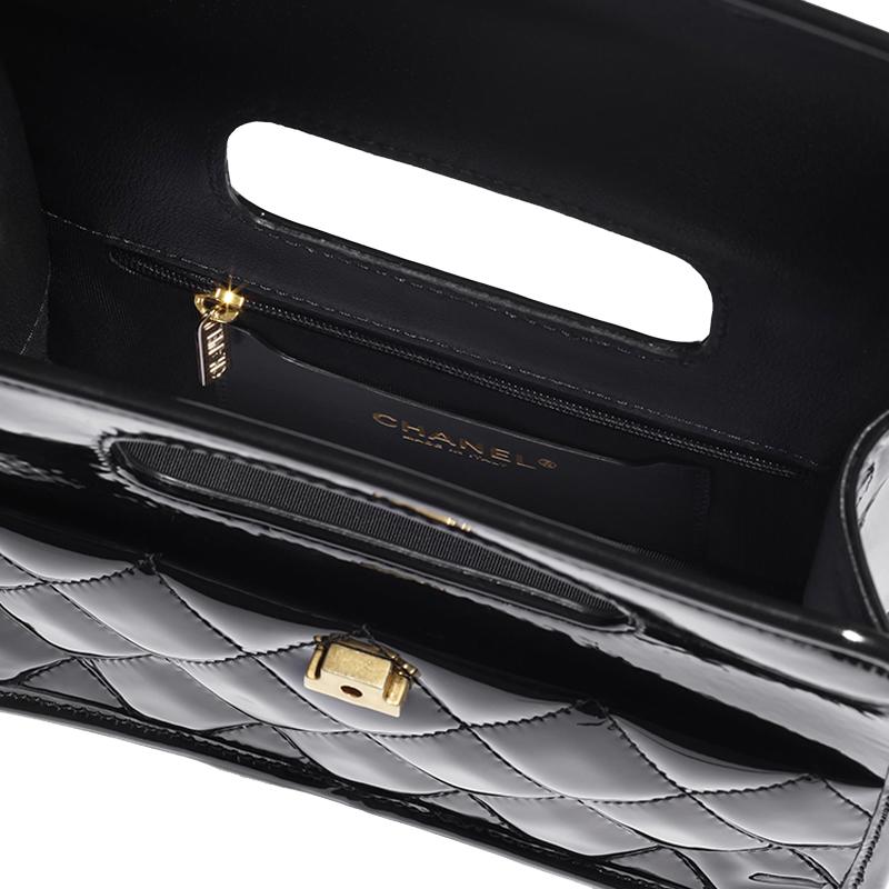 Chanel 23s Ромбовидный узор Цепочка Кожаная цепочка Лакированная кожа Материал Золотая фурнитура Ручная сумка-мессенджер Мини Женская Черный