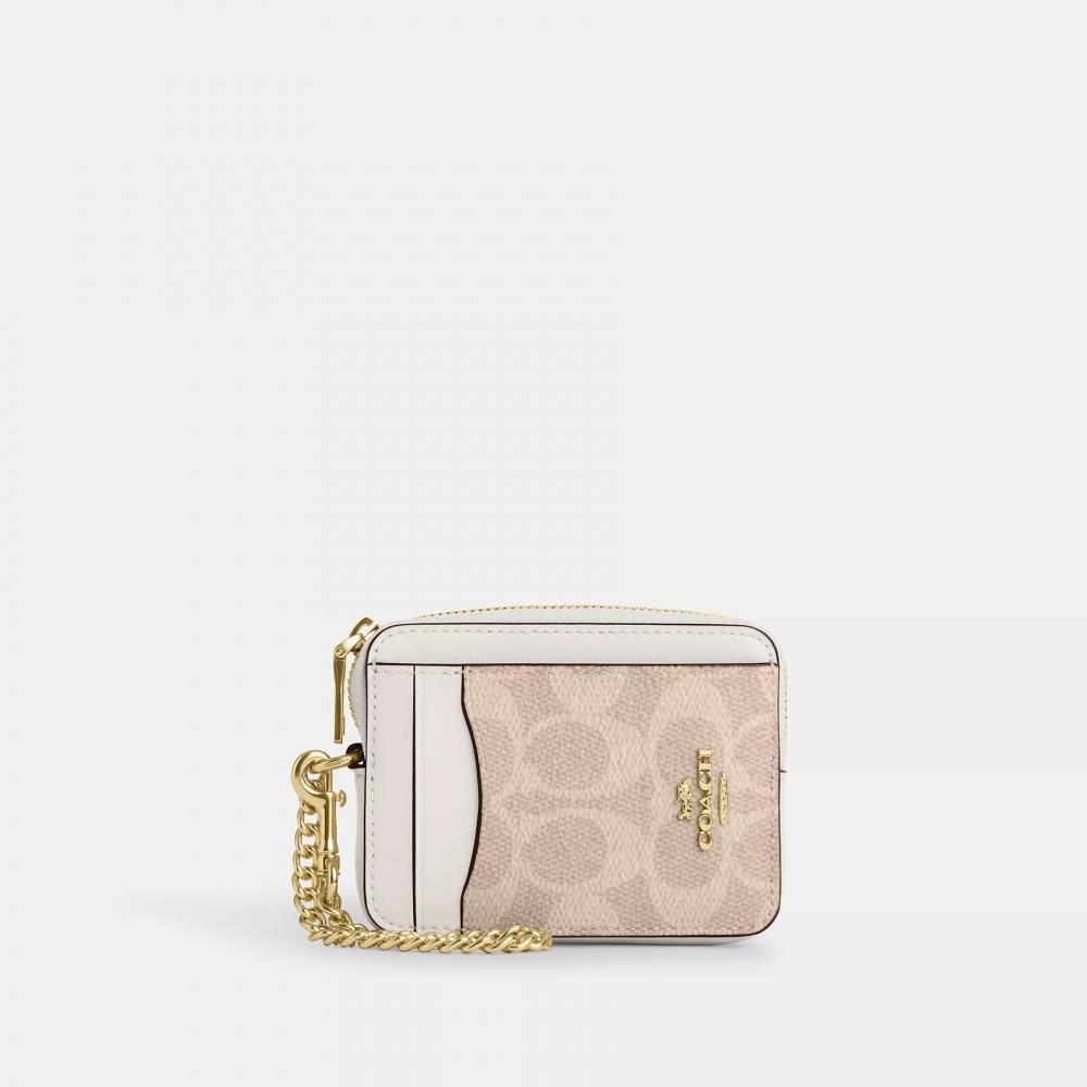 Coach Zip Card Case In Signature Canvas Gold Sand Chalk