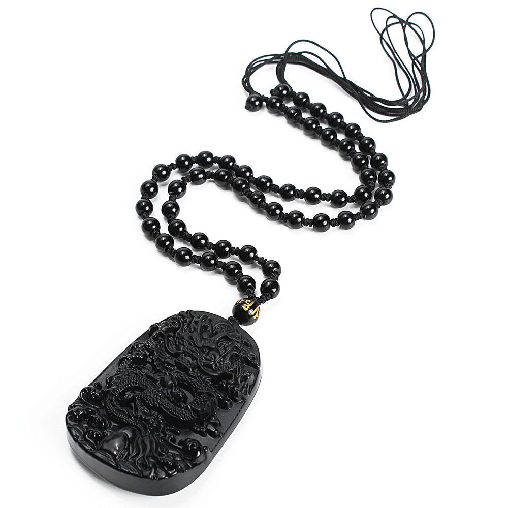 for Men Auspicious Beaded Chain Stone Rope Dragon Totem Pendent Necklace Carved Natural Obsidian