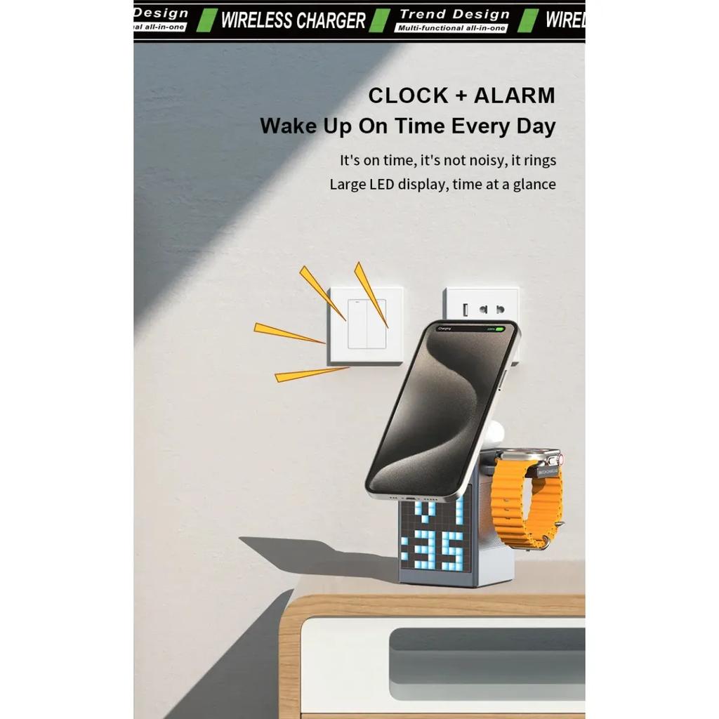 6 в 1 магнитная беспроводная зарядная подставка Bluetooth-динамик будильник для Magsafe IPhone 16 15 14 Pro Max Airpods Pro Apple Watch