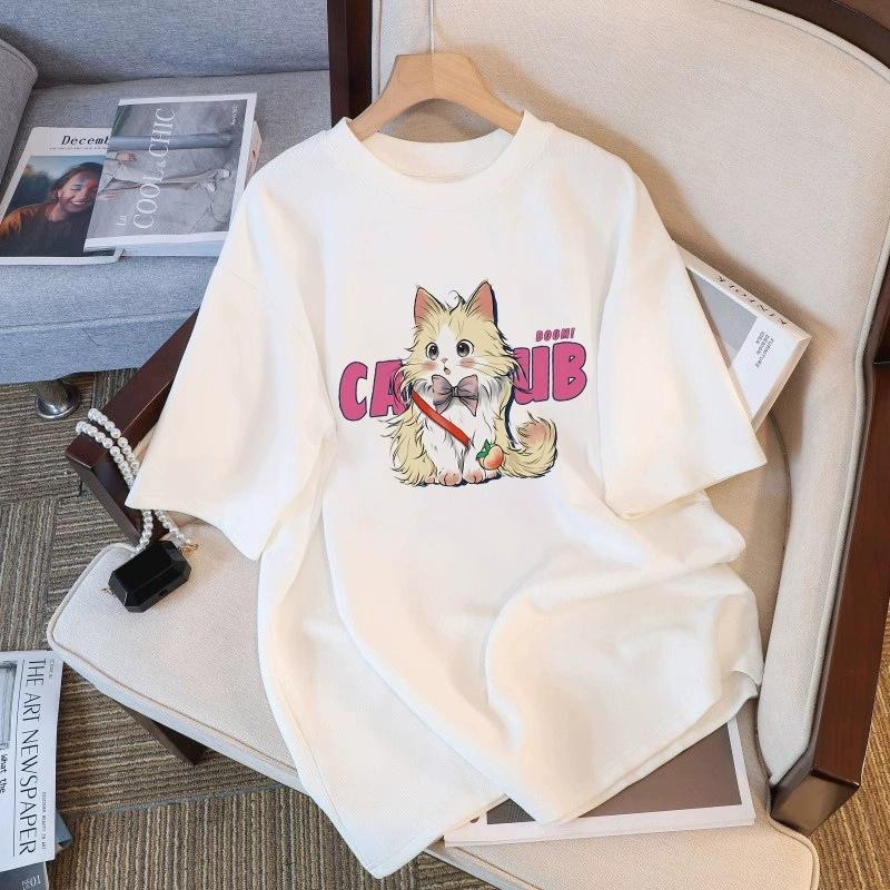 Футболка из чистого хлопка белого цвета с короткими рукавами для женщин на лето, новый большой размер, свободный дизайн, тонкий топ с короткими рукавами и принтом