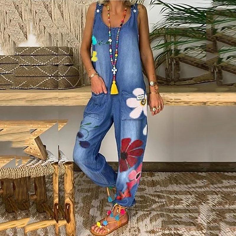 Женский модный летний комбинезон без рукавов с цветочной вышивкой, джинсовый комбинезон