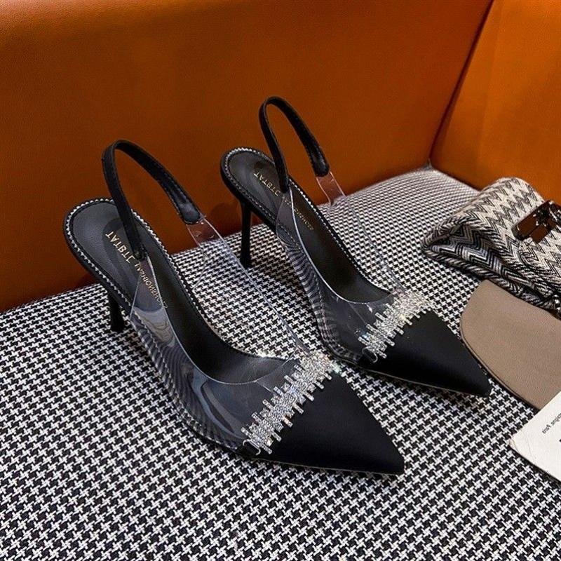 Женская обувь Прозрачная обувь Diamond Summer 2024 Босоножки с острым носком для женщин Стразы Прозрачные тонкие каблуки Шпильки Корея