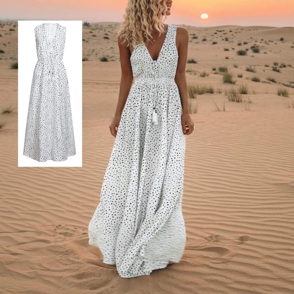 Женский летний сарафан без рукавов больших размеров с кисточками в горошек и глубоким V-образным вырезом, пляжное длинное платье макси