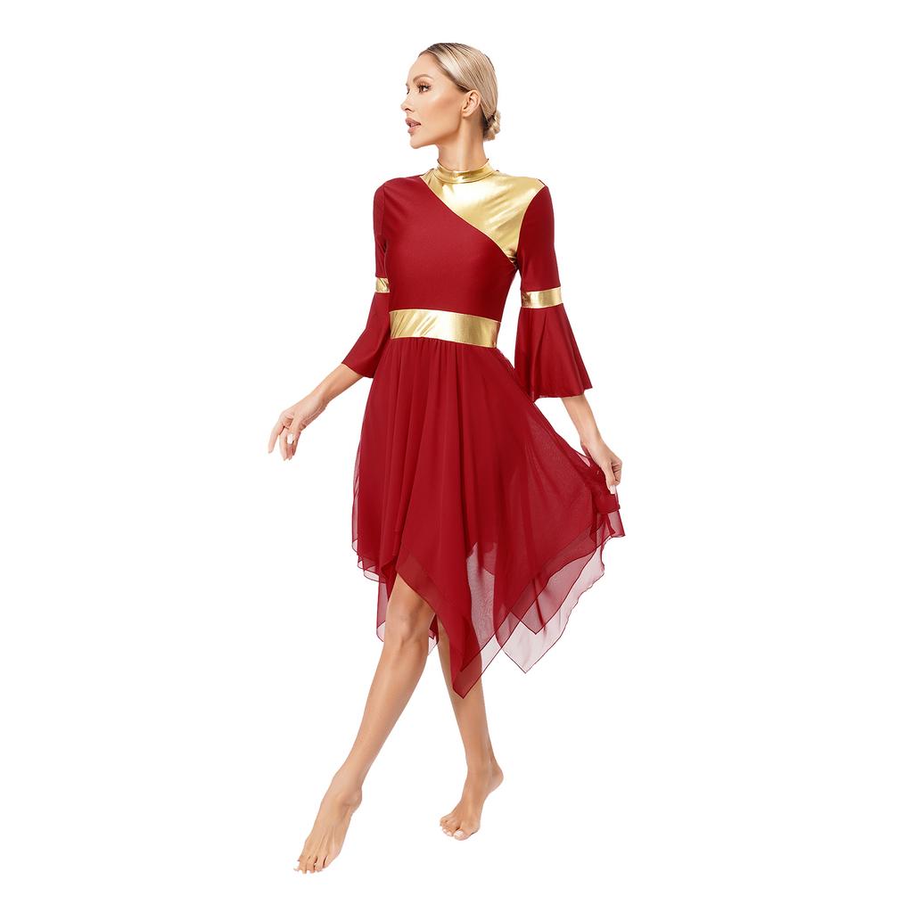 Женщины Девочки Расклешенный рукав 3/4 Металлическая танцевальная одежда для церковного богослужения Литургическая танцевальная одежда Туника Асимметричный подол Лирическое танцевальное платье Накладка