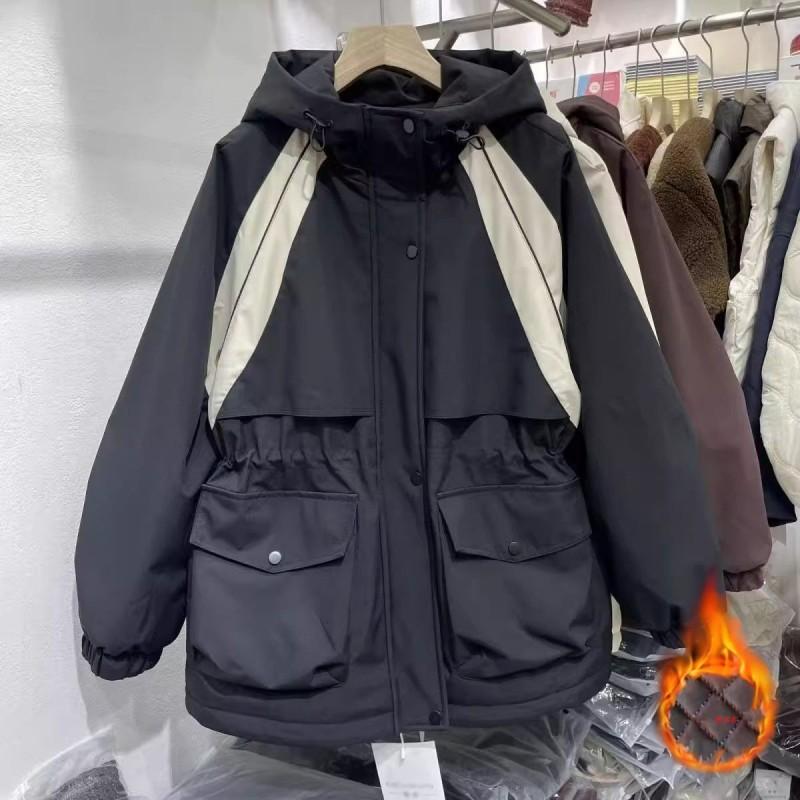 Plus Size Womens Thick Hooded Cotton Puffer Jacket With Color Block Design Waist-Cinching Fit Warm Winter Outerwear