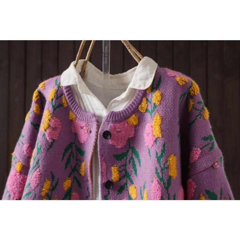 DIMANAF 2025 Цветочные свитера Кардиган Осень Женские с принтом С круглым вырезом Свитера Вязаные Свободные Черный свитер