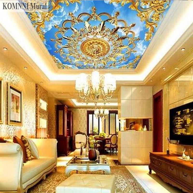 Обои 3d Европейская Церковь Золото Голубое Небо Белые Облака Потолочные Обои Ткани Золотые Блестящие Потолочные Обои