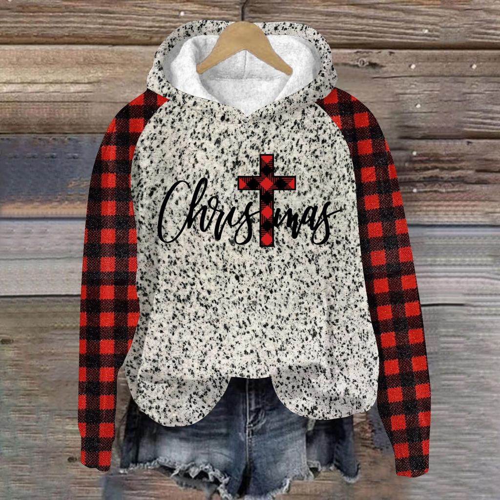 Women's Fashion Pullover Plunging Sleeve Christmas Printed Hooded Sweatshirt