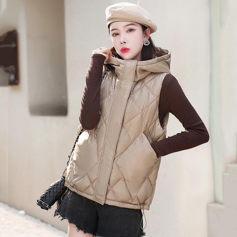 Women Autumn Winter Soild Color Rhombus Thicken Outwear Cotton Padded Hooded Sleeveless Warm Jacket Coat Vest