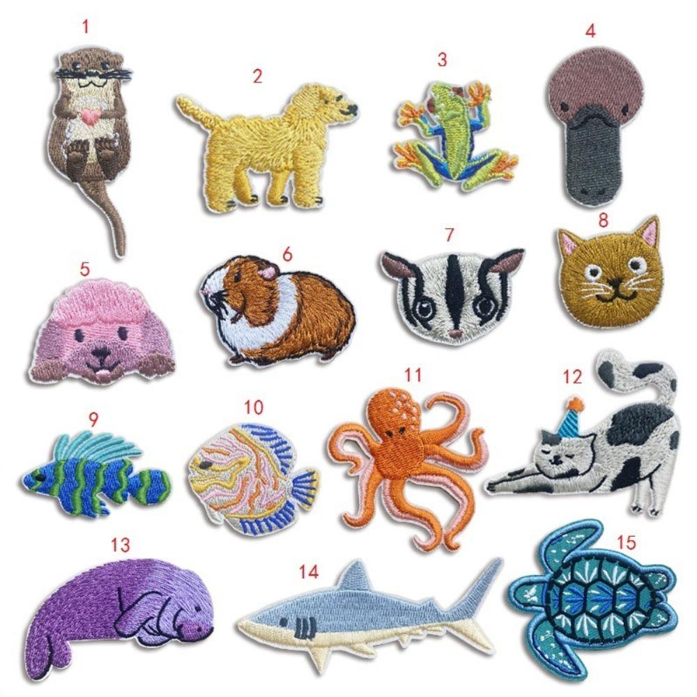 15pcs Ocean Fish DIY Iron on Patches Cat Dog Embroidered Cloth Stickers Sewing Supplies  on Clothes