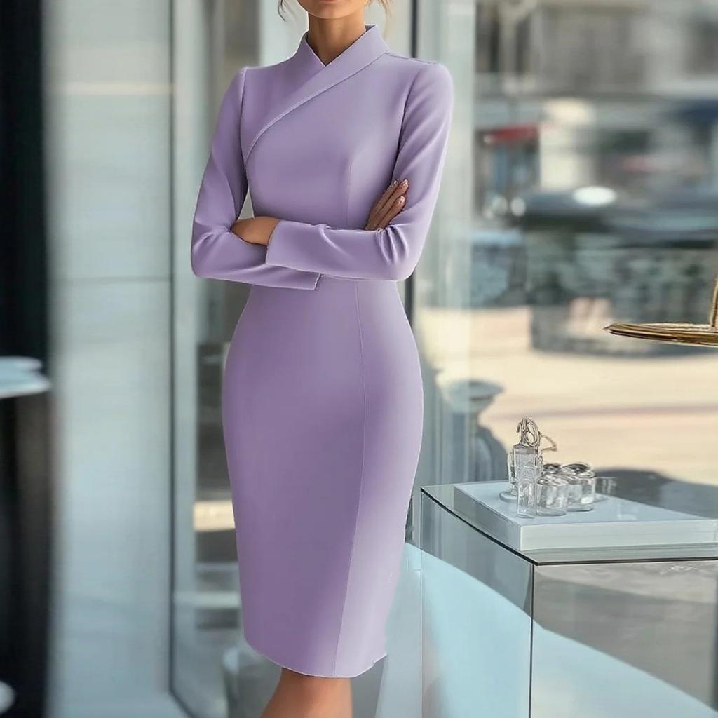 Женское модное однотонное платье-карандаш с длинным рукавом и воротником-стойкой, облегающего кроя