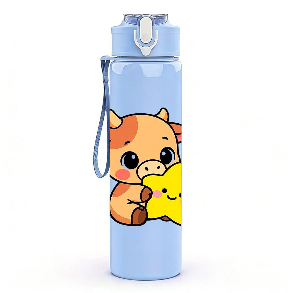 1PC Cow Cartoon Pattern 750ml Color Plastic Sports Water Bottle Leakproof Flip Straw Lid Suitable for Sports Office Home Use